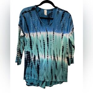 Thomas & Olivia Womens Tie Dye V Neck 3/4 Sleeve Bejeweled Blouse Top Size Small